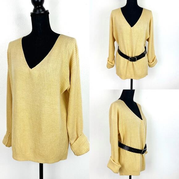 Oversized Large Silk Sweater Long Sleeve V-Neck Yellow - Picture 1 of 9